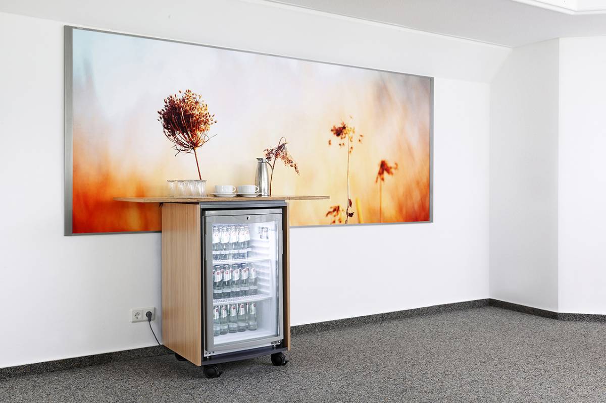 Wandbild und mobiler Kühlschrank im Tagungshotel Hessenmühle