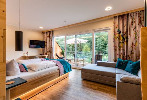 Wohlfühlapartment mit Sofa und Balkon Landgasthof Hessenmühle